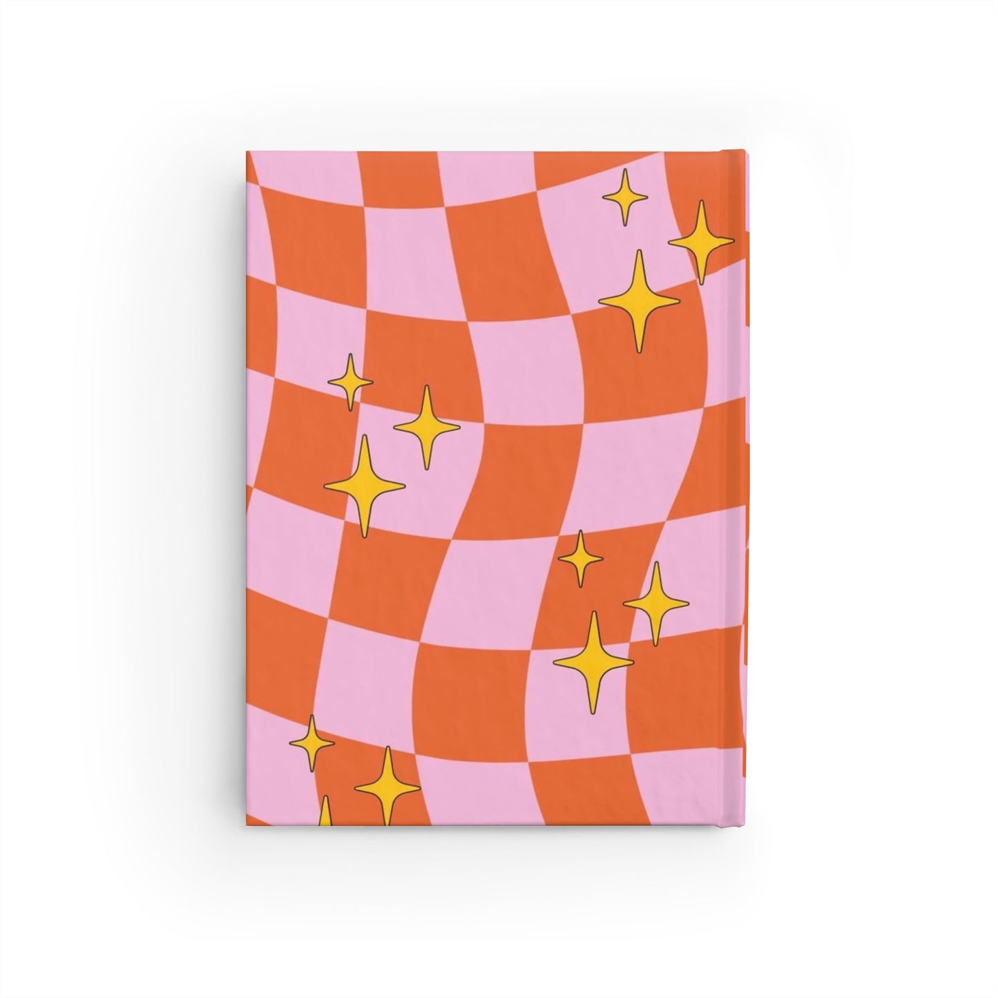 Retro Checkerboard Journal — Pink & Orange Wavy Pattern with Sparkle Stars (Ruled)