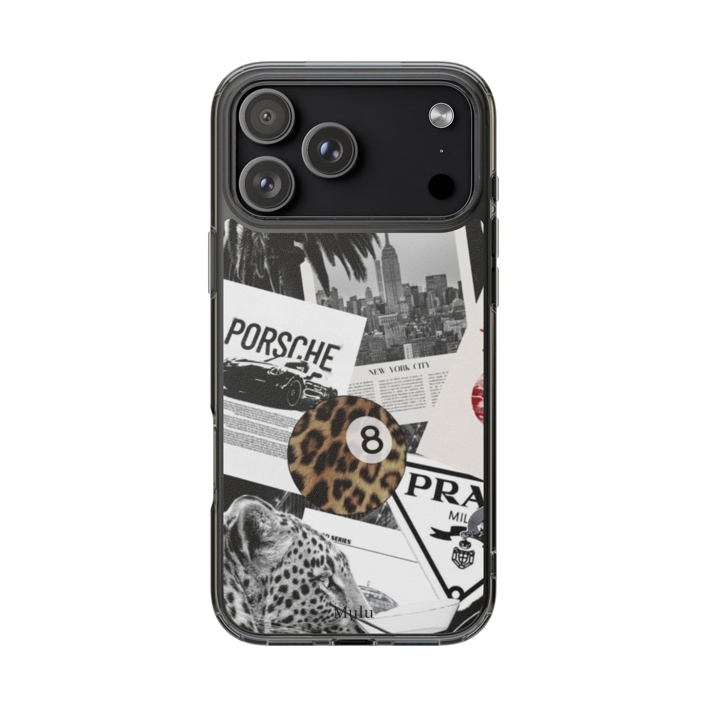 Clear Impact-Resistant Phone Case — Collage Luxury Leopard & Vintage Car Design