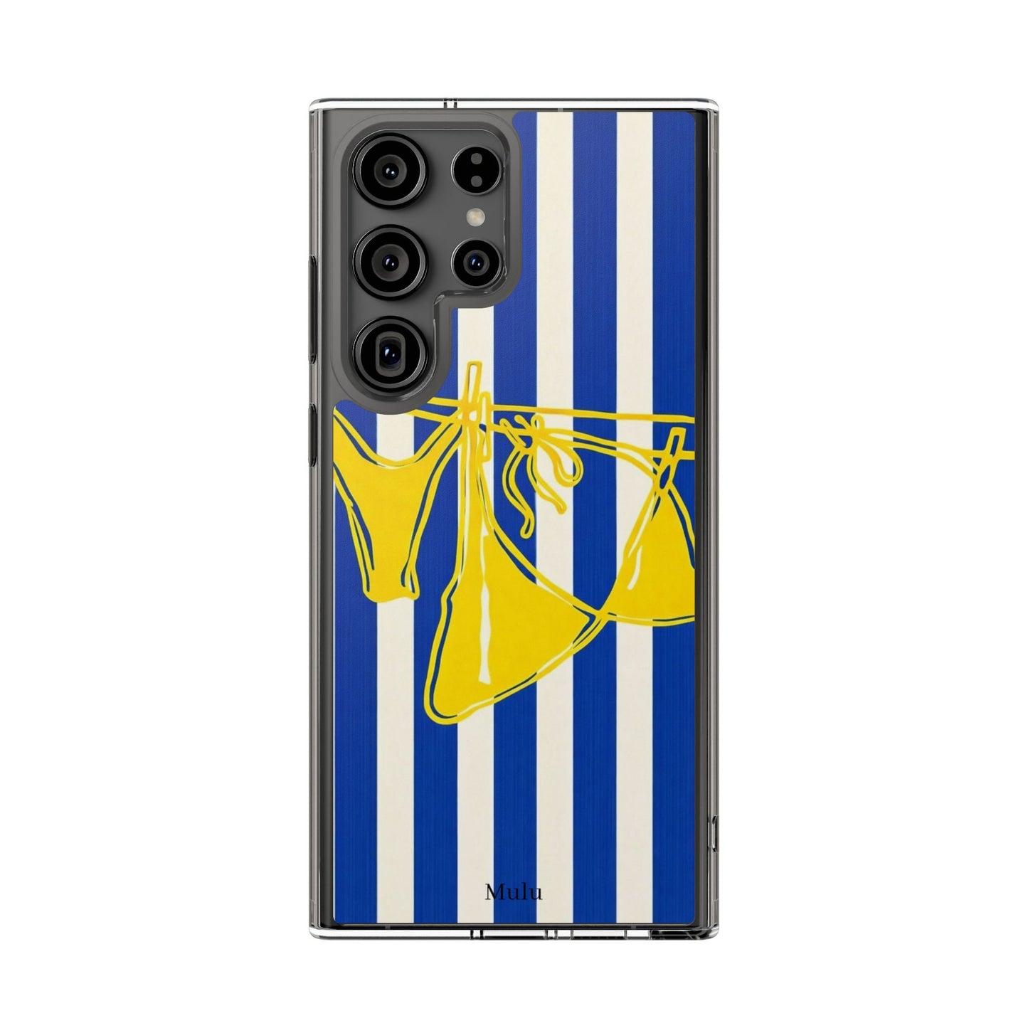 Striped Beach Bikini Phone Case — Yellow Swimwear on Blue & White Stripes, Clear Impact-Resistant