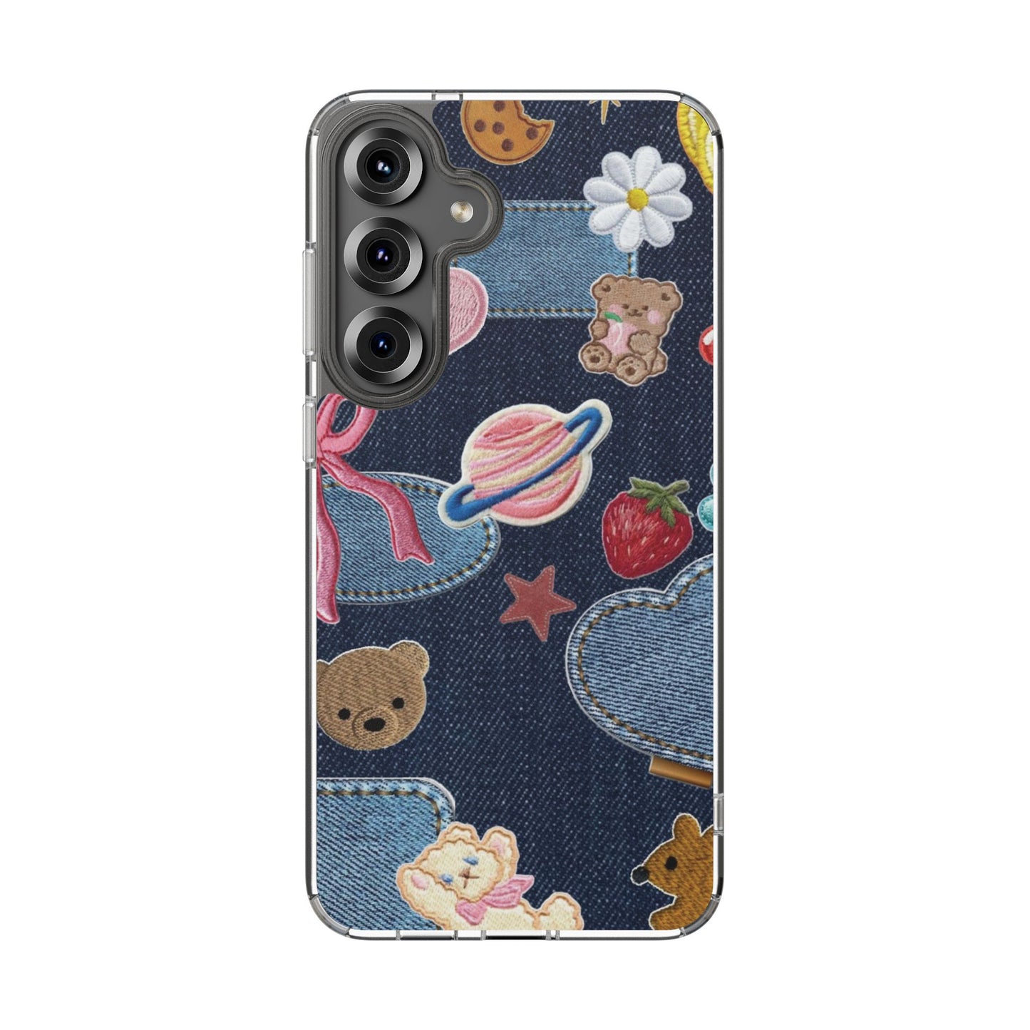 Clear Impact-Resistant Phone Case — Cute Denim Patch Collage (Teddy, Strawberry, Planet)