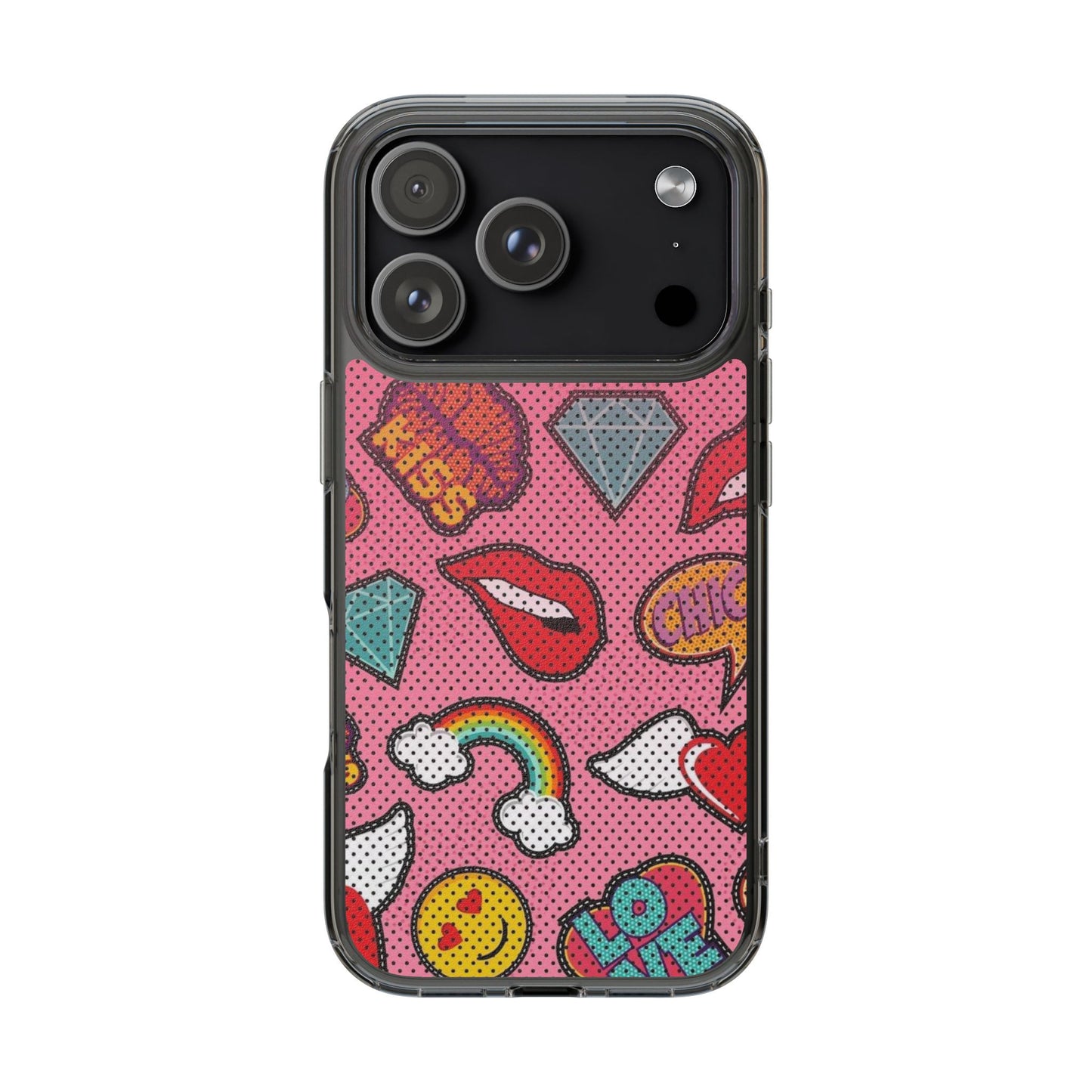 Clear Impact-Resistant Phone Case — Pink Pop Sticker Pattern (Hearts, Rainbows, Smileys)