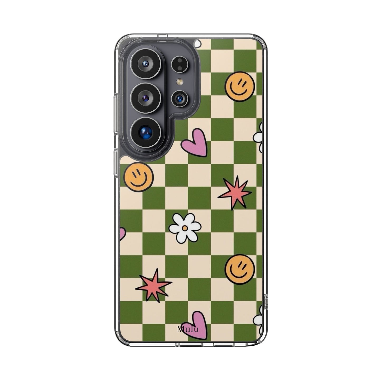 Clear Impact-Resistant Case — Retro Green Checkerboard with Smiley, Hearts & Flowers