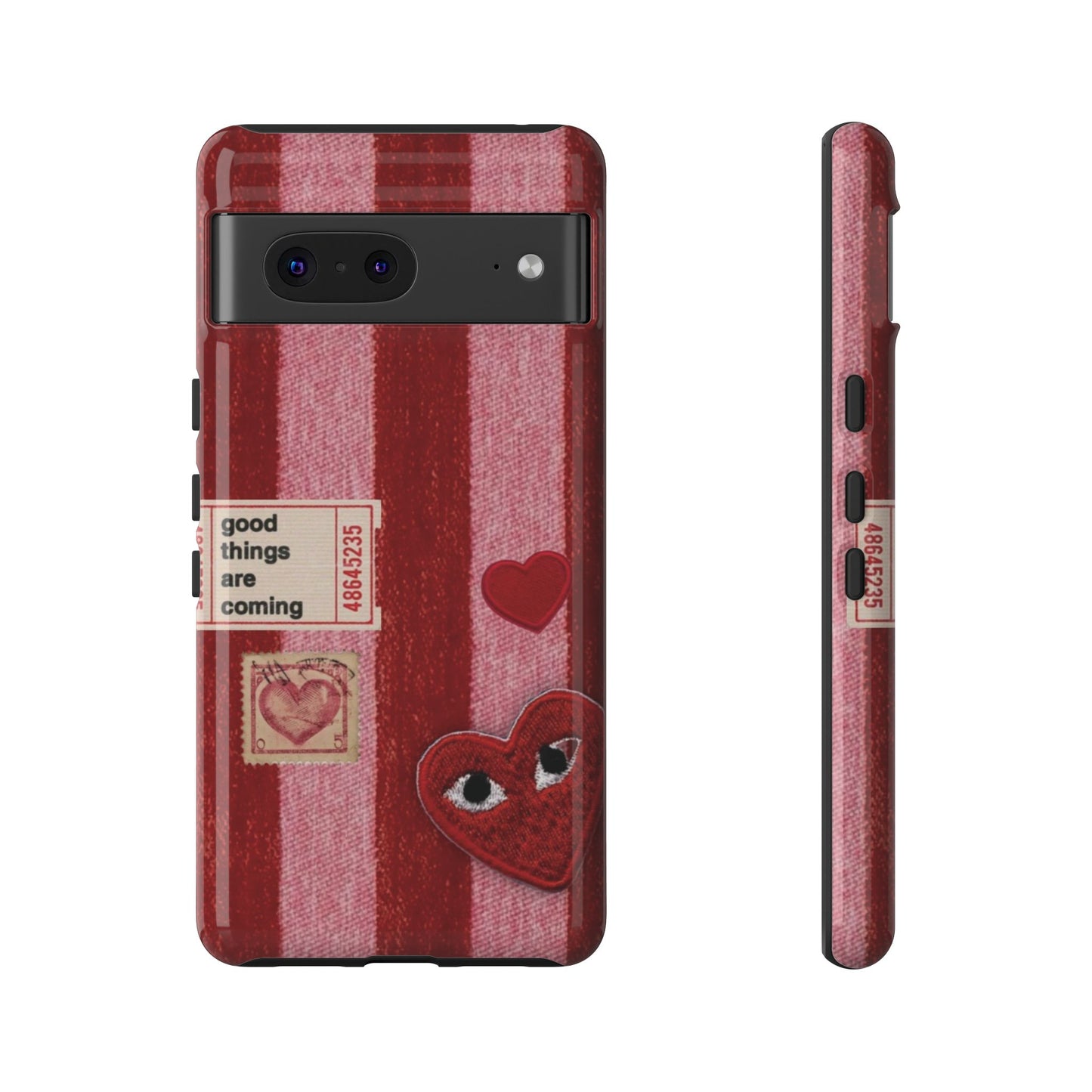 Phone Case — Red Striped Heart Design with “Good Things Are Coming”
