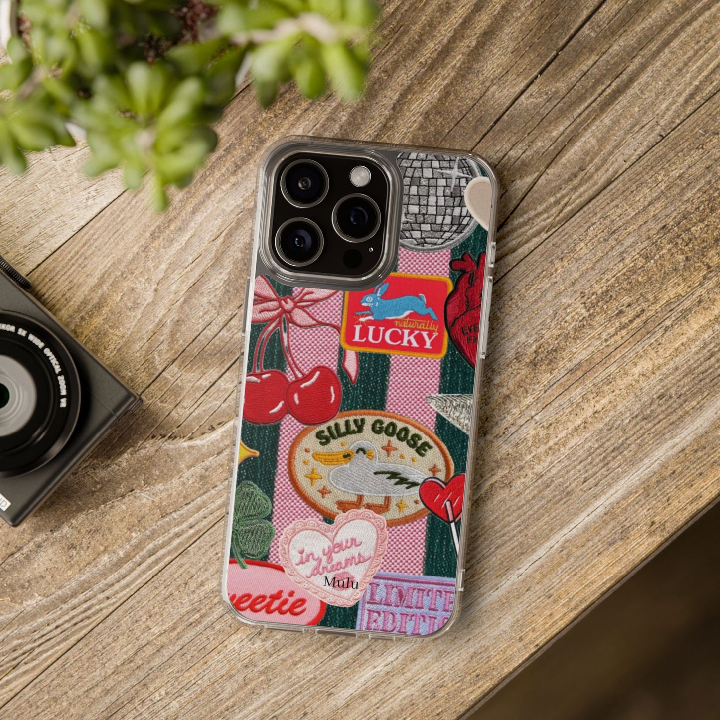 Clear Impact-Resistant Phone Case — Retro Patchwork Stickers (Lucky, Cherries, Silly Goose)