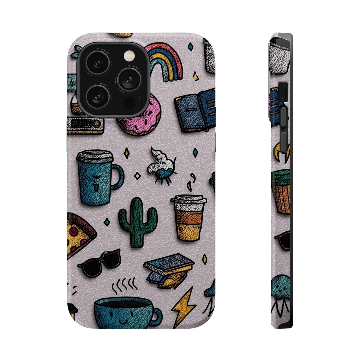 Cute Doodle Phone Case — Magnetic Impact-Resistant Design (coffee, rainbow, cactus)