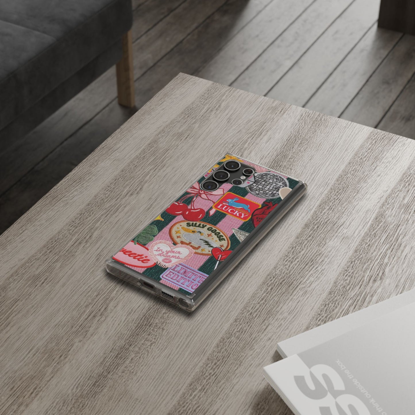 Clear Impact-Resistant Phone Case — Retro Patchwork Stickers (Lucky, Cherries, Silly Goose)