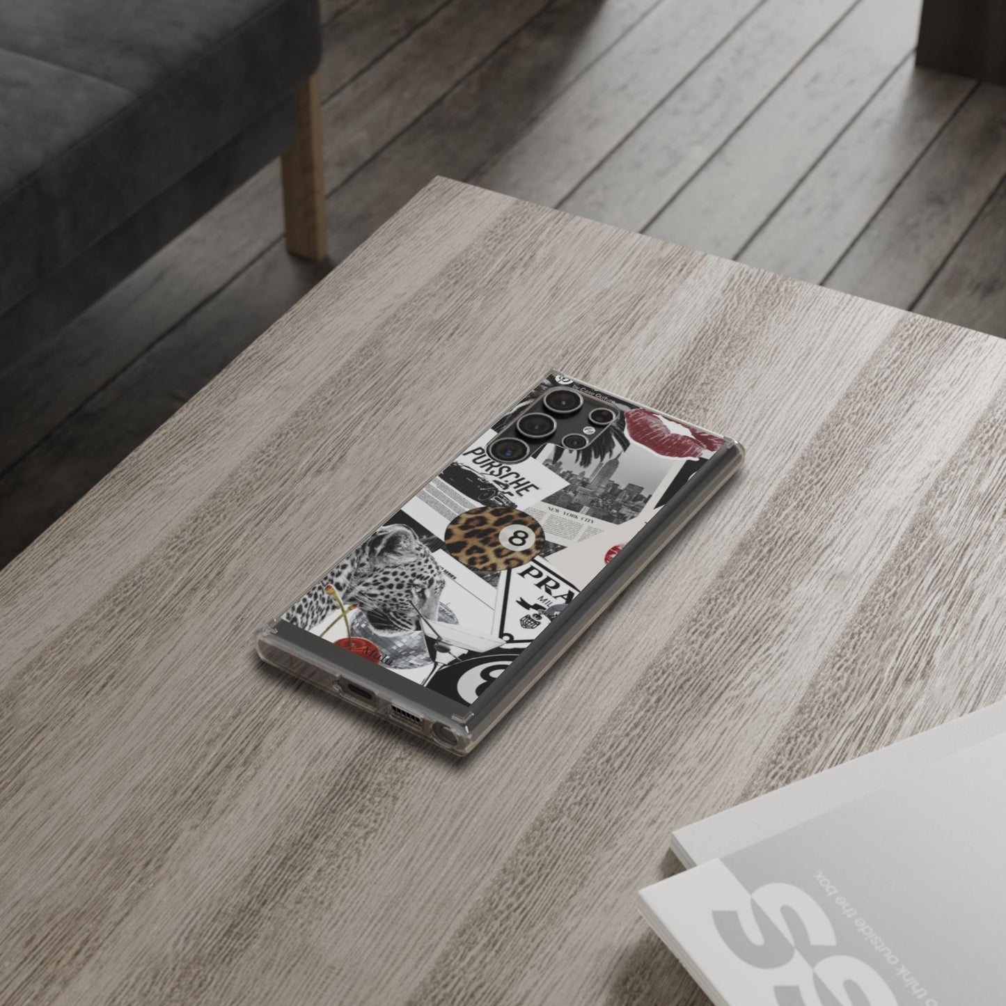 Clear Impact-Resistant Phone Case — Collage Luxury Leopard & Vintage Car Design