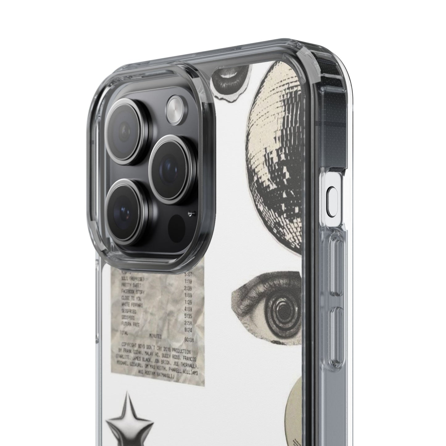 Clear Phone Case — Vintage Collage Stickers (Moon, Eye, Car, Cherries)