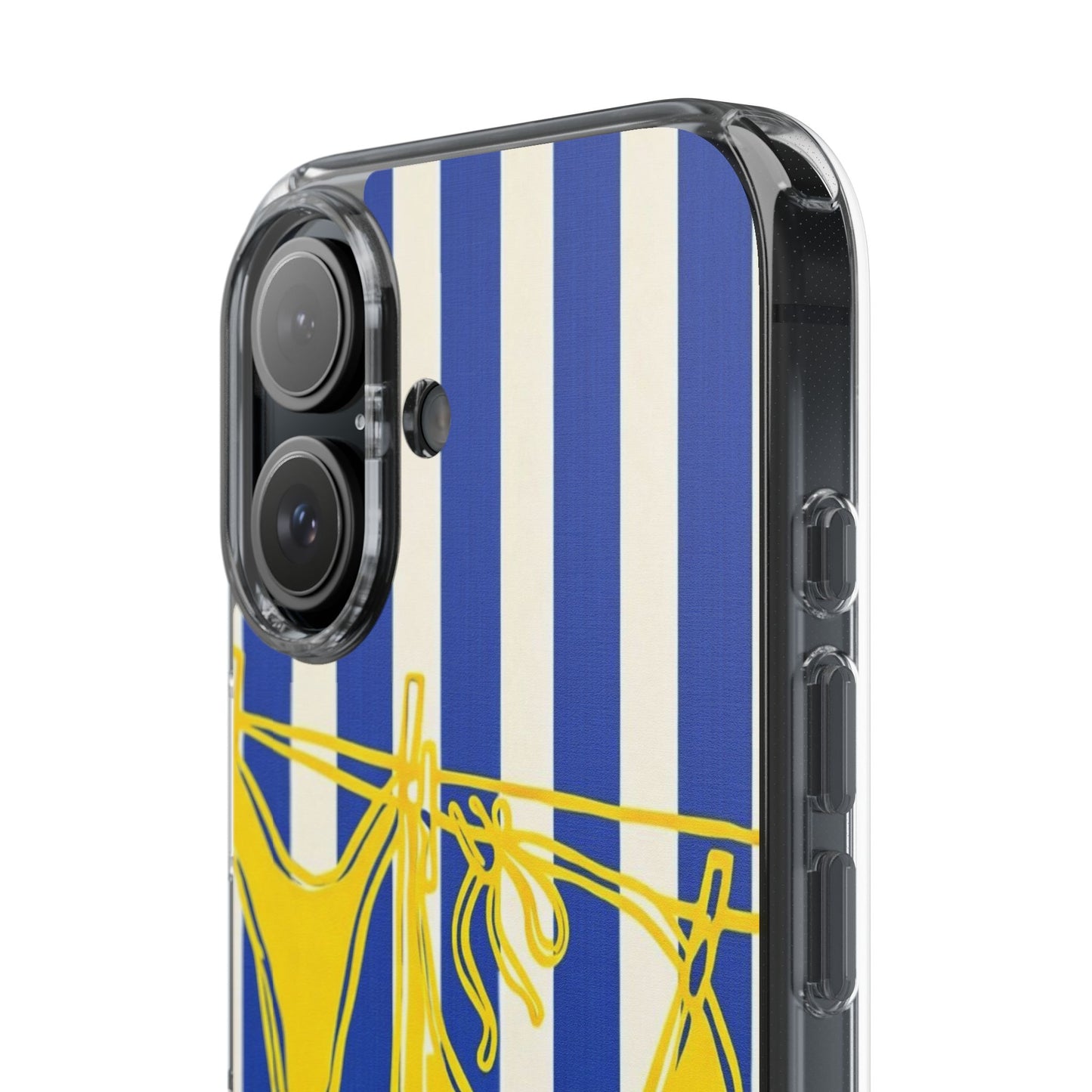 Striped Beach Bikini Phone Case — Yellow Swimwear on Blue & White Stripes, Clear Impact-Resistant
