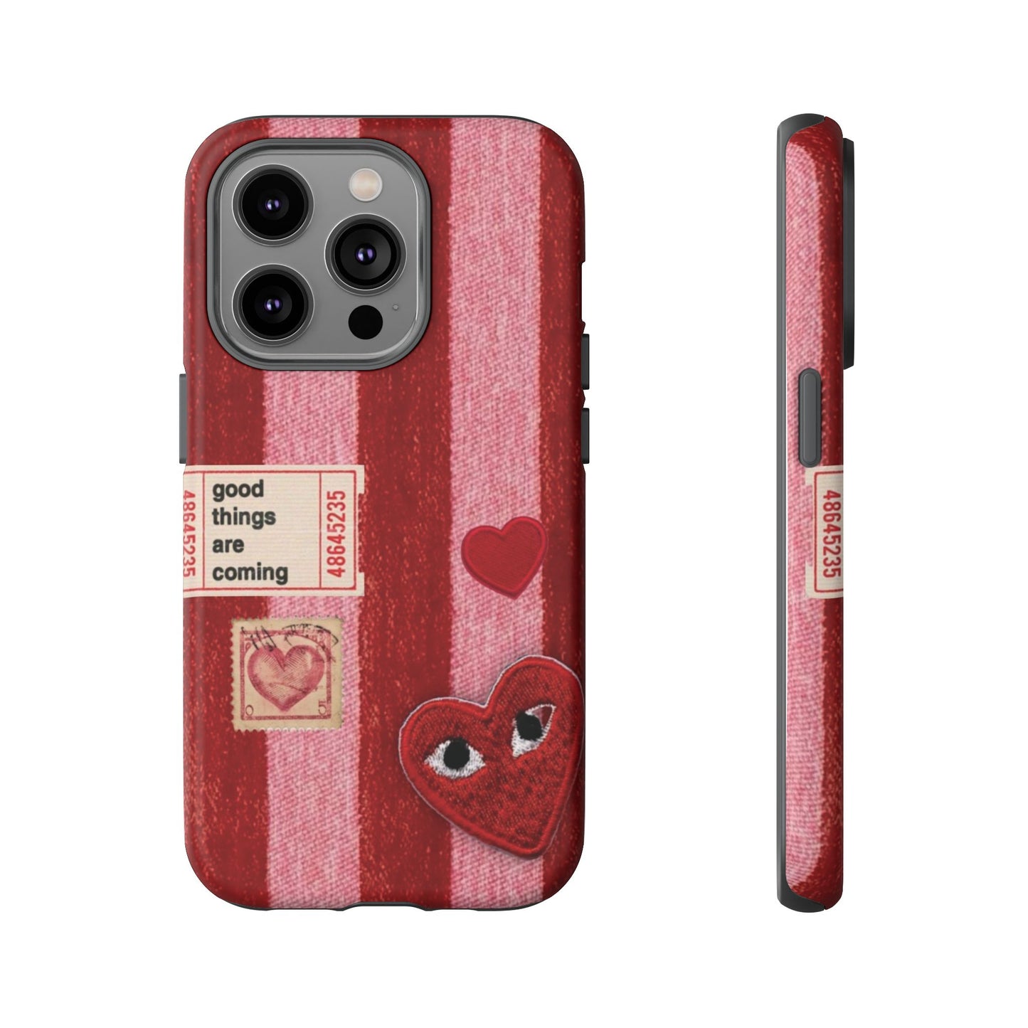 Phone Case — Red Striped Heart Design with “Good Things Are Coming”