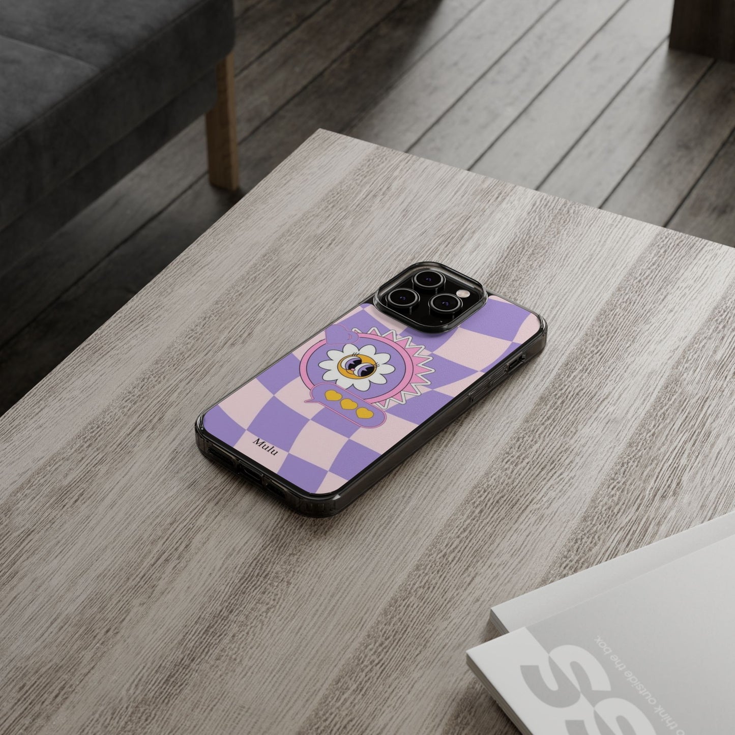 Clear Impact-Resistant Case — Cute Purple Checkerboard Dino with 'Mulu'