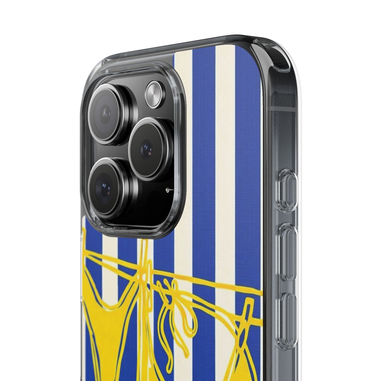 Striped Beach Bikini Phone Case — Yellow Swimwear on Blue & White Stripes, Clear Impact-Resistant