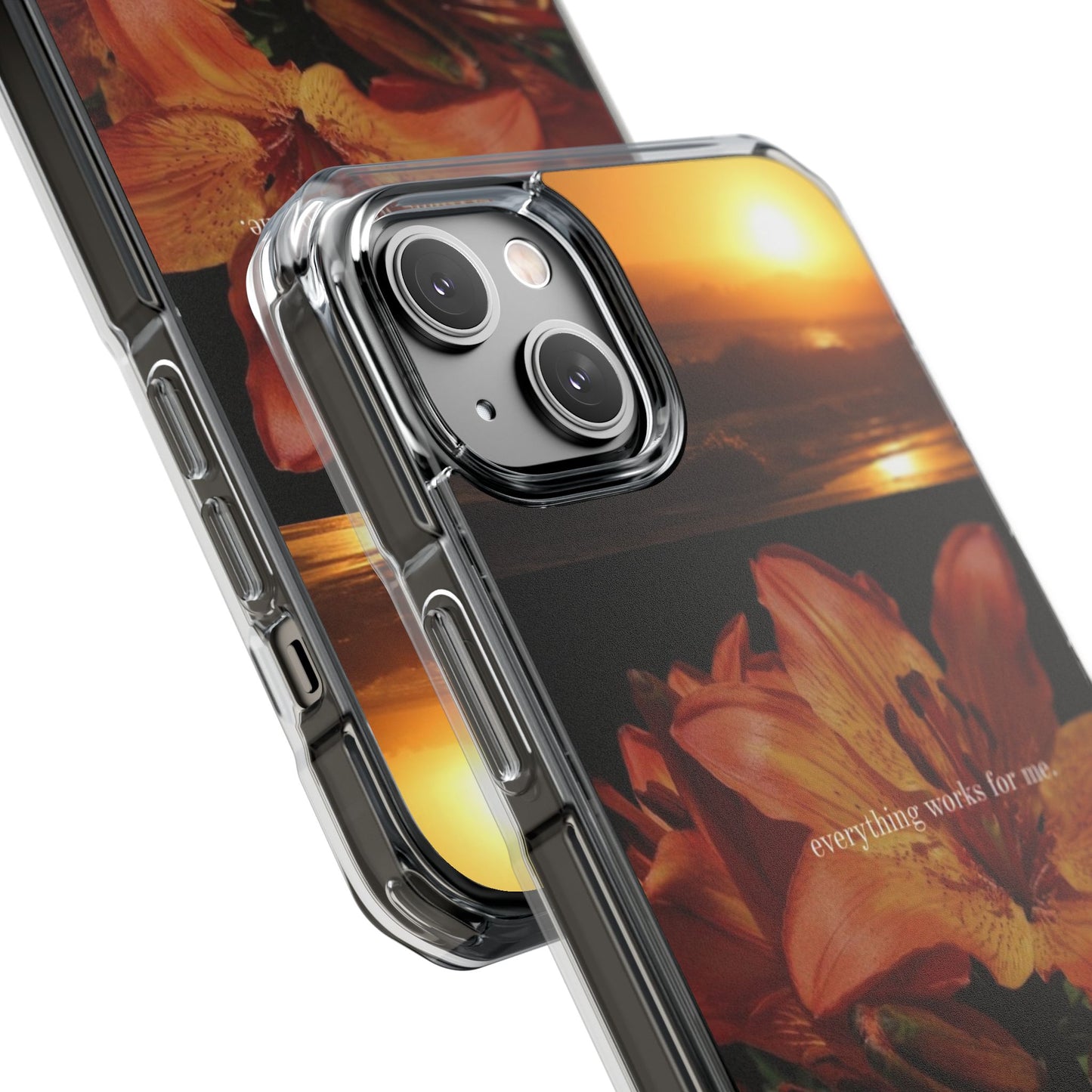 Clear Magnetic Phone Case — Sunset Lily Design ("anything waits for you")