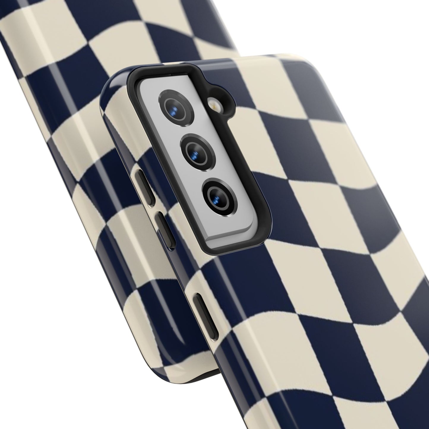 Wavy Checkerboard Tough Phone Case — Navy & Cream Protective Cover