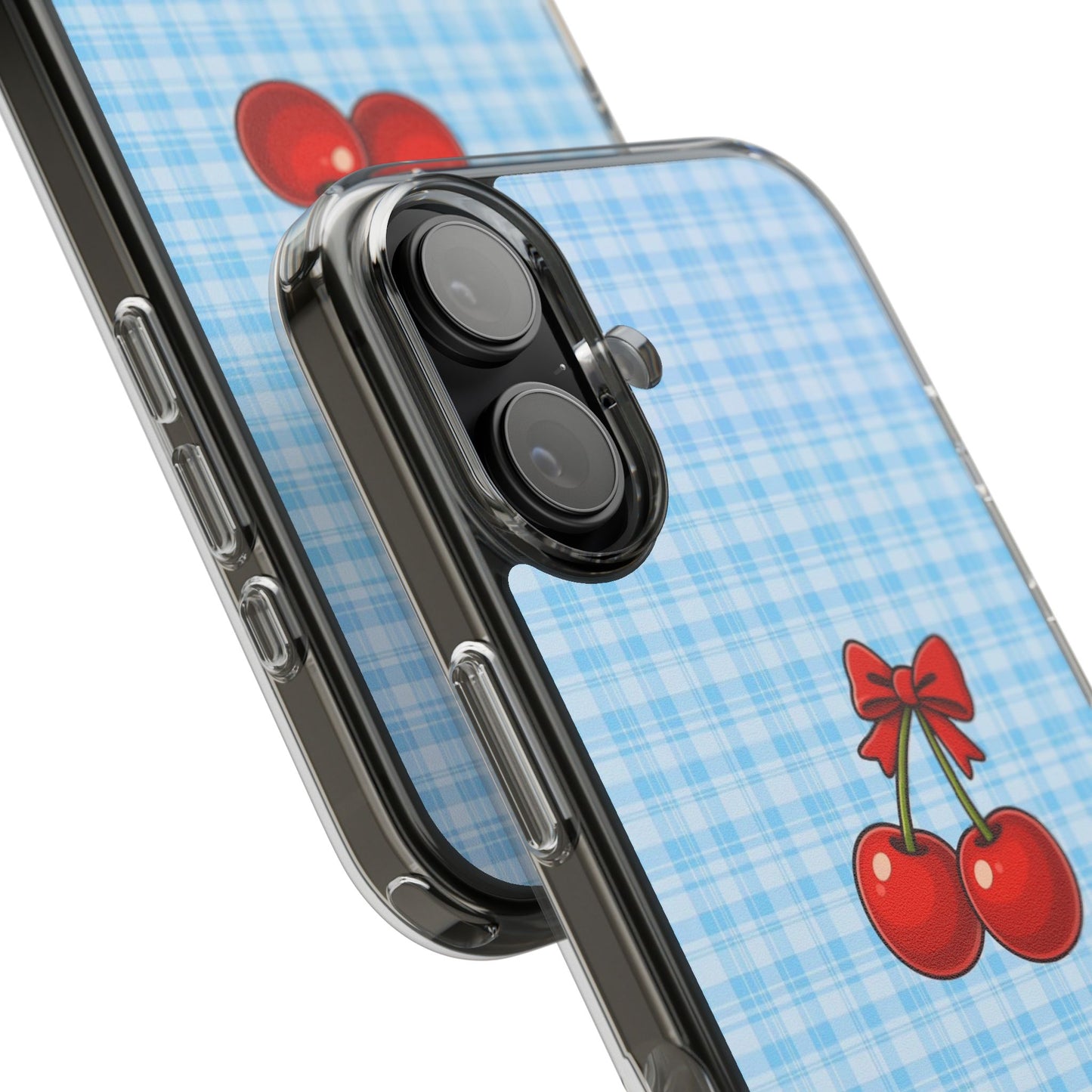 Clear Cherry Gingham Phone Case — Impact-Resistant Clear Case with Red Cherry Design