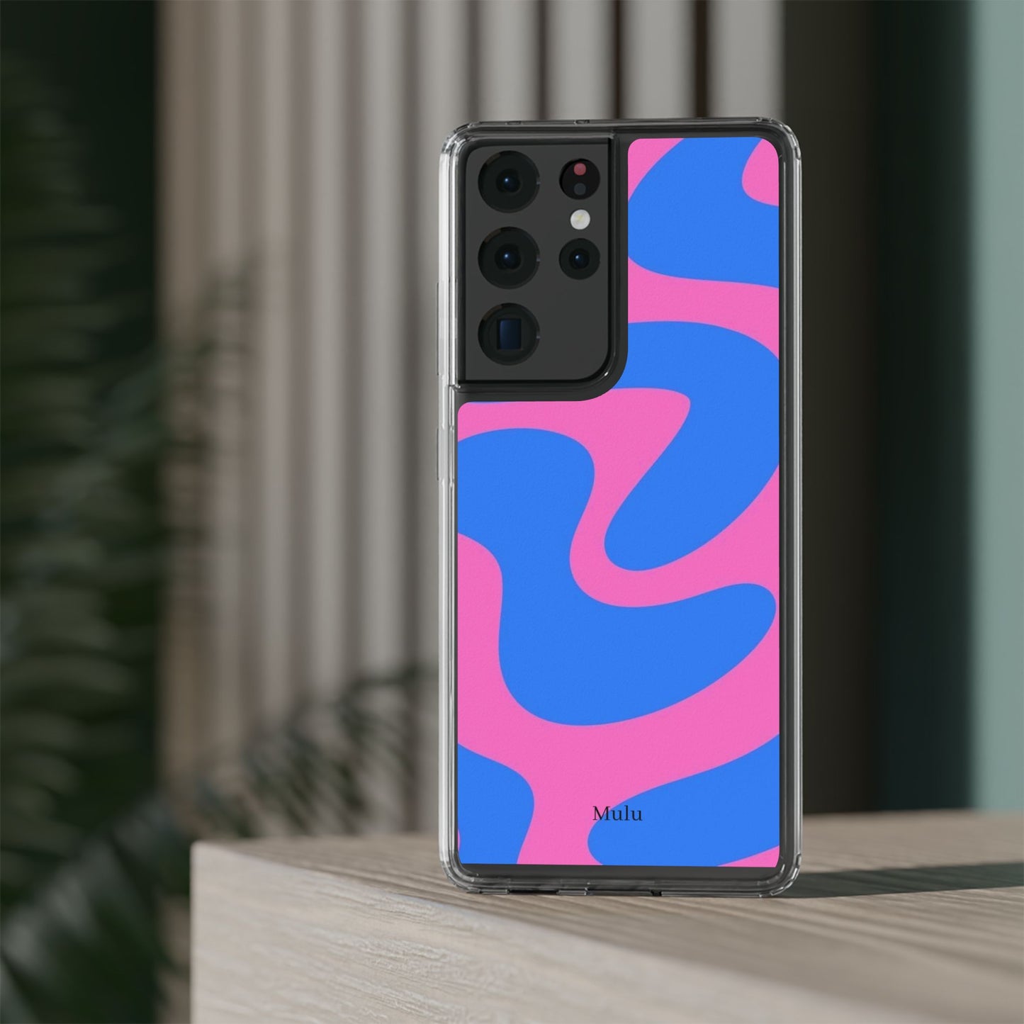Clear Impact-Resistant Phone Case — Retro Blue & Pink Abstract Swirl