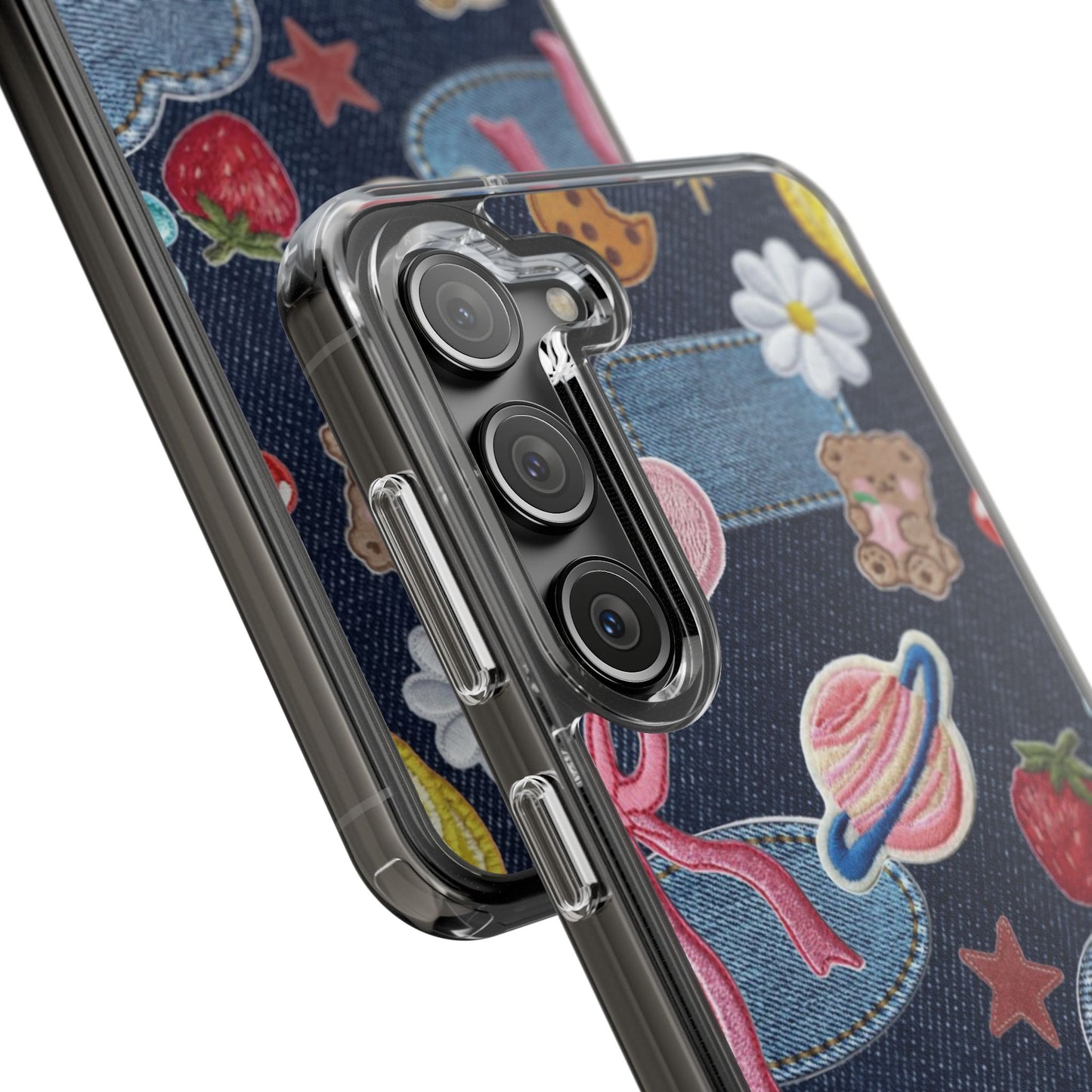 Clear Impact-Resistant Phone Case — Cute Denim Patch Collage (Teddy, Strawberry, Planet)