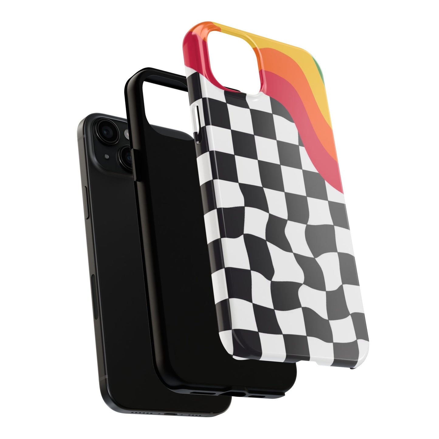 Retro Wavy Checkerboard Tough Phone Case — Rainbow Surf Skate Design