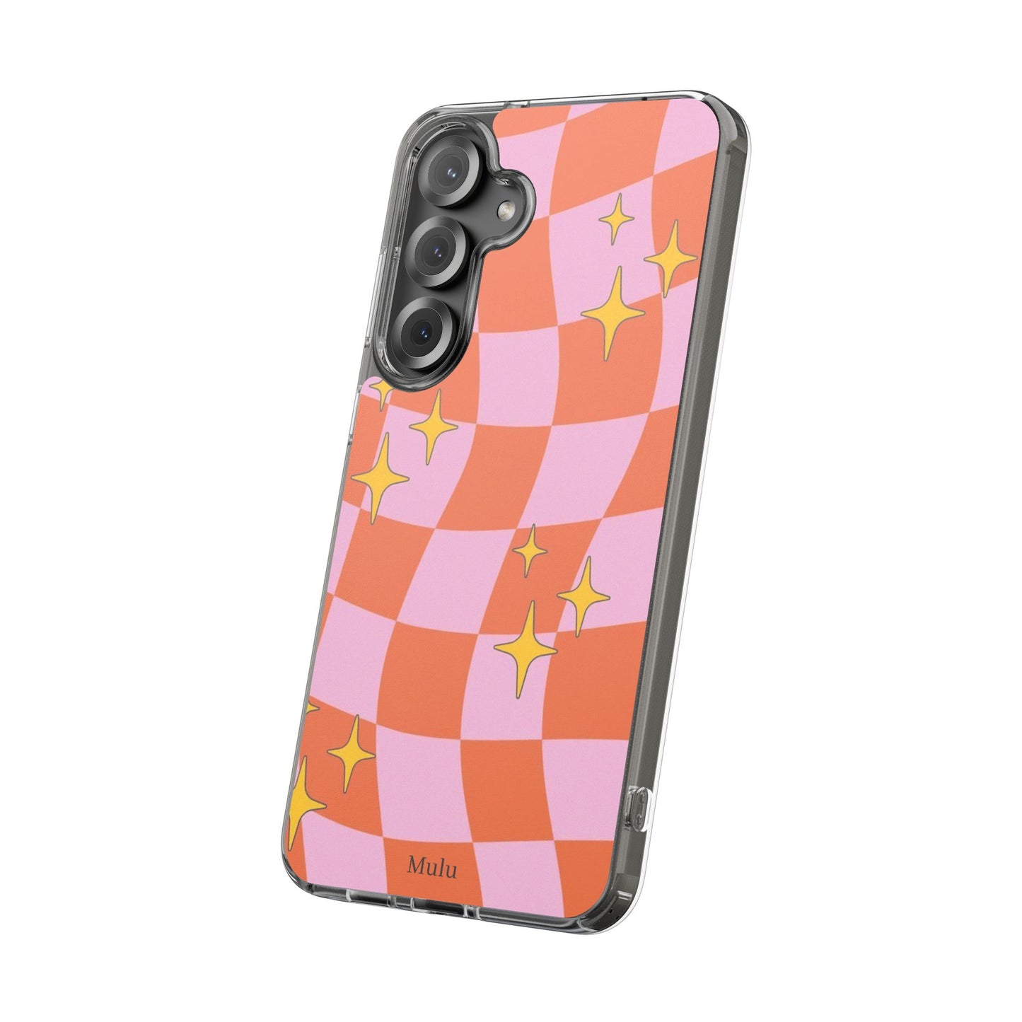 Clear Impact-Resistant Case — Retro Pink & Orange Checker with Sparkle Stars