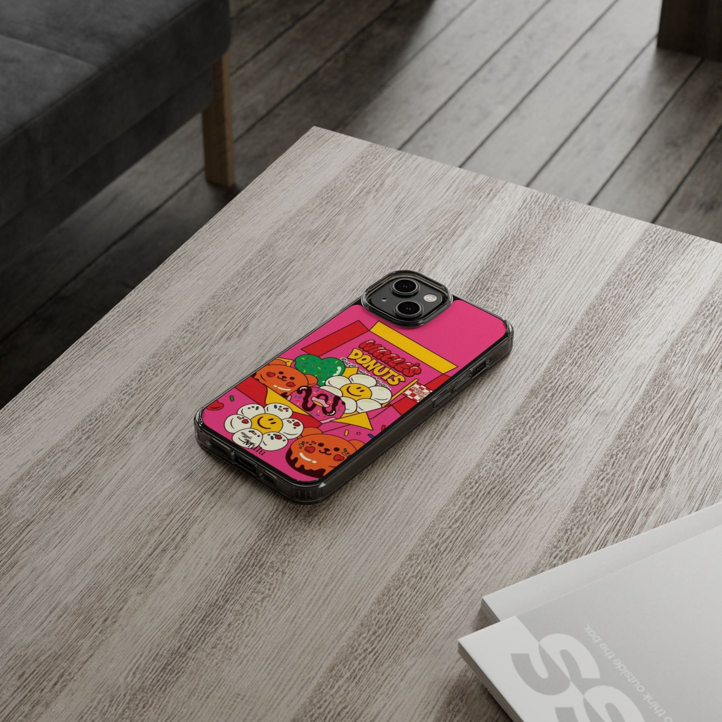 Donut Box Cute Phone Case — Clear Impact‑Resistant iPhone Cover with Smiling Donuts