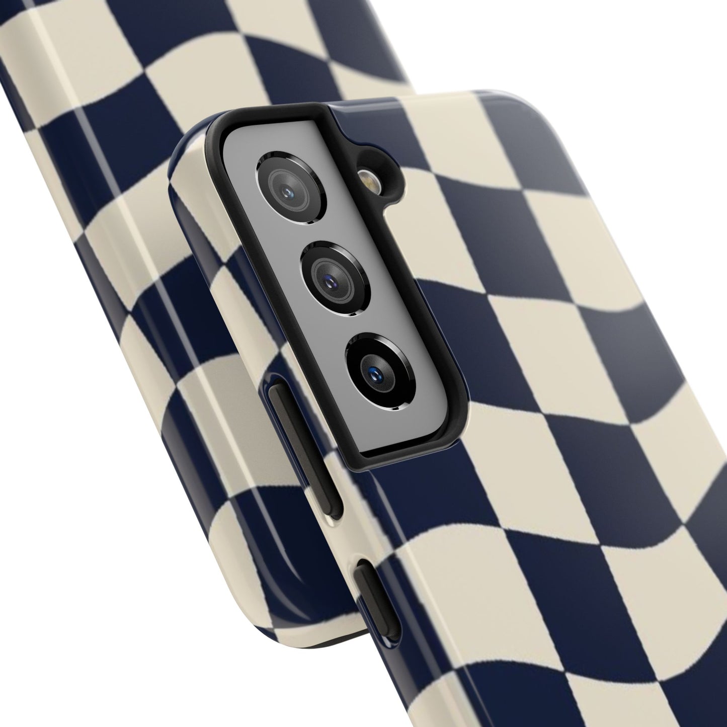 Wavy Checkerboard Tough Phone Case — Navy & Cream Protective Cover
