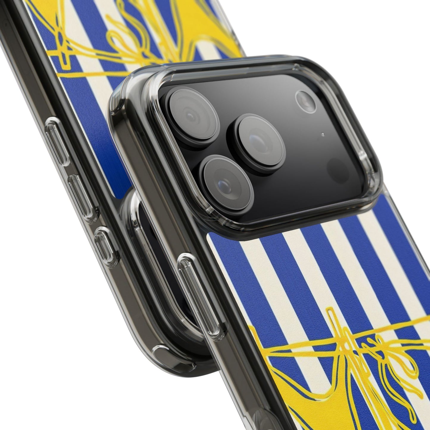 Striped Beach Bikini Phone Case — Yellow Swimwear on Blue & White Stripes, Clear Impact-Resistant
