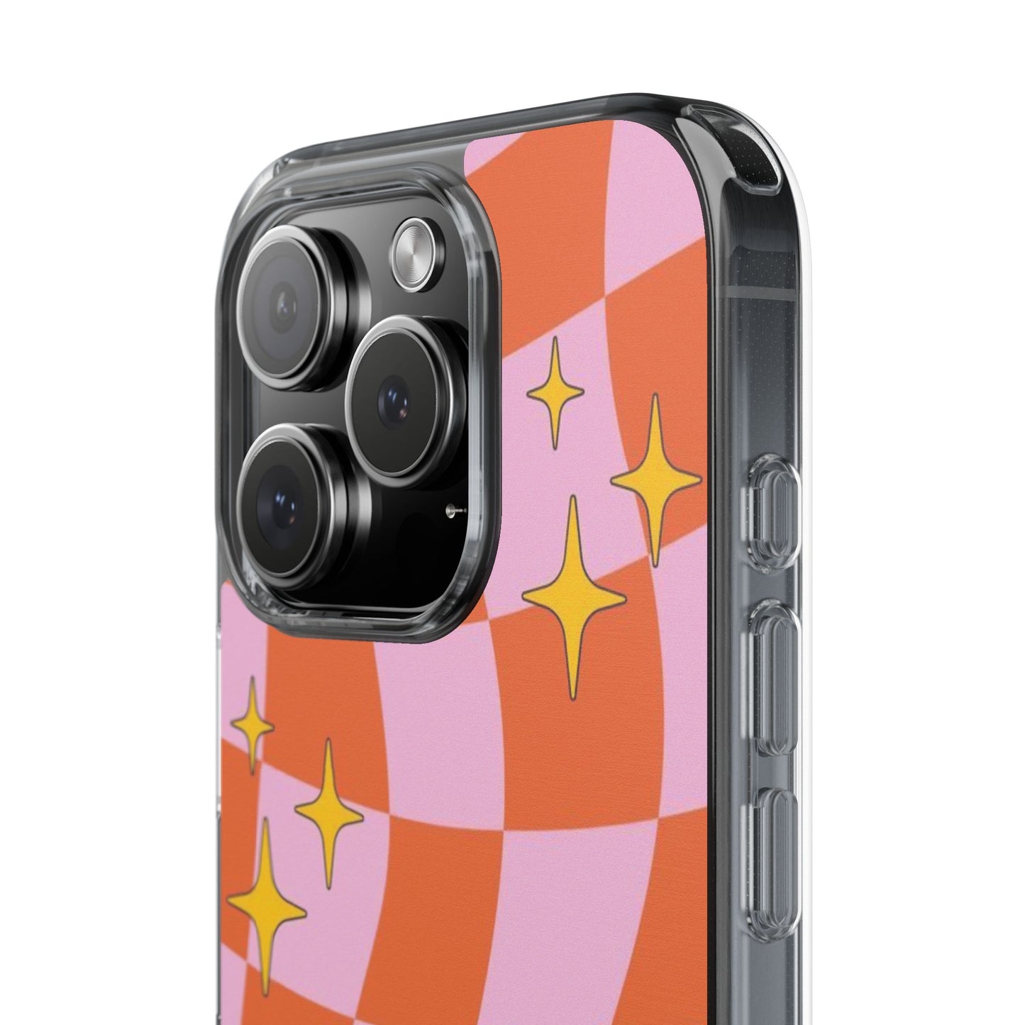 Clear Impact-Resistant Case — Retro Pink & Orange Checker with Sparkle Stars