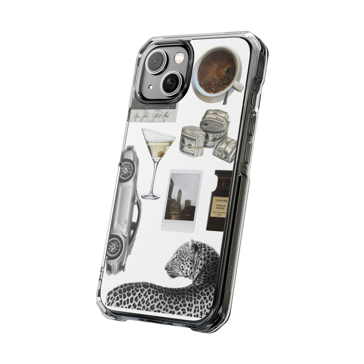 Clear Impact Phone Case — Luxe Collage (Leopard, Martini, Coffee & Vintage Car)