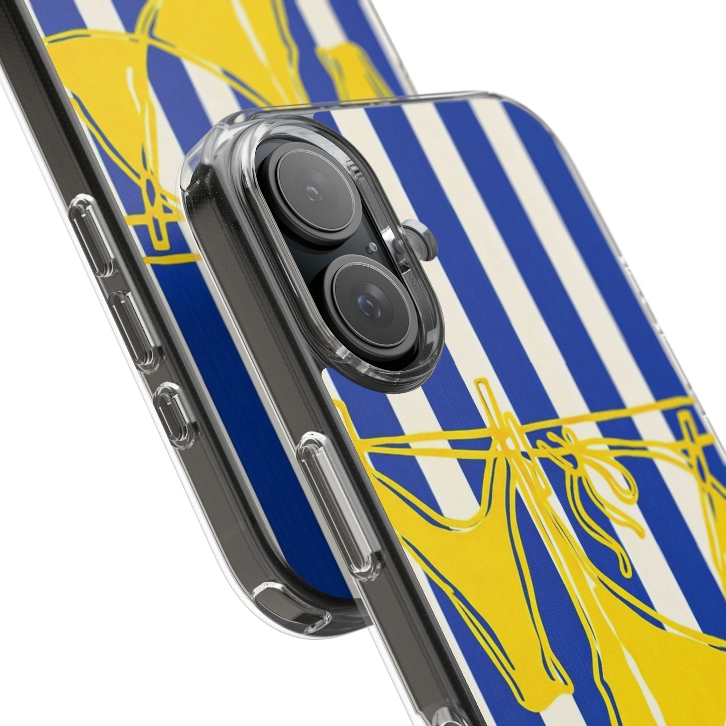 Striped Beach Bikini Phone Case — Yellow Swimwear on Blue & White Stripes, Clear Impact-Resistant