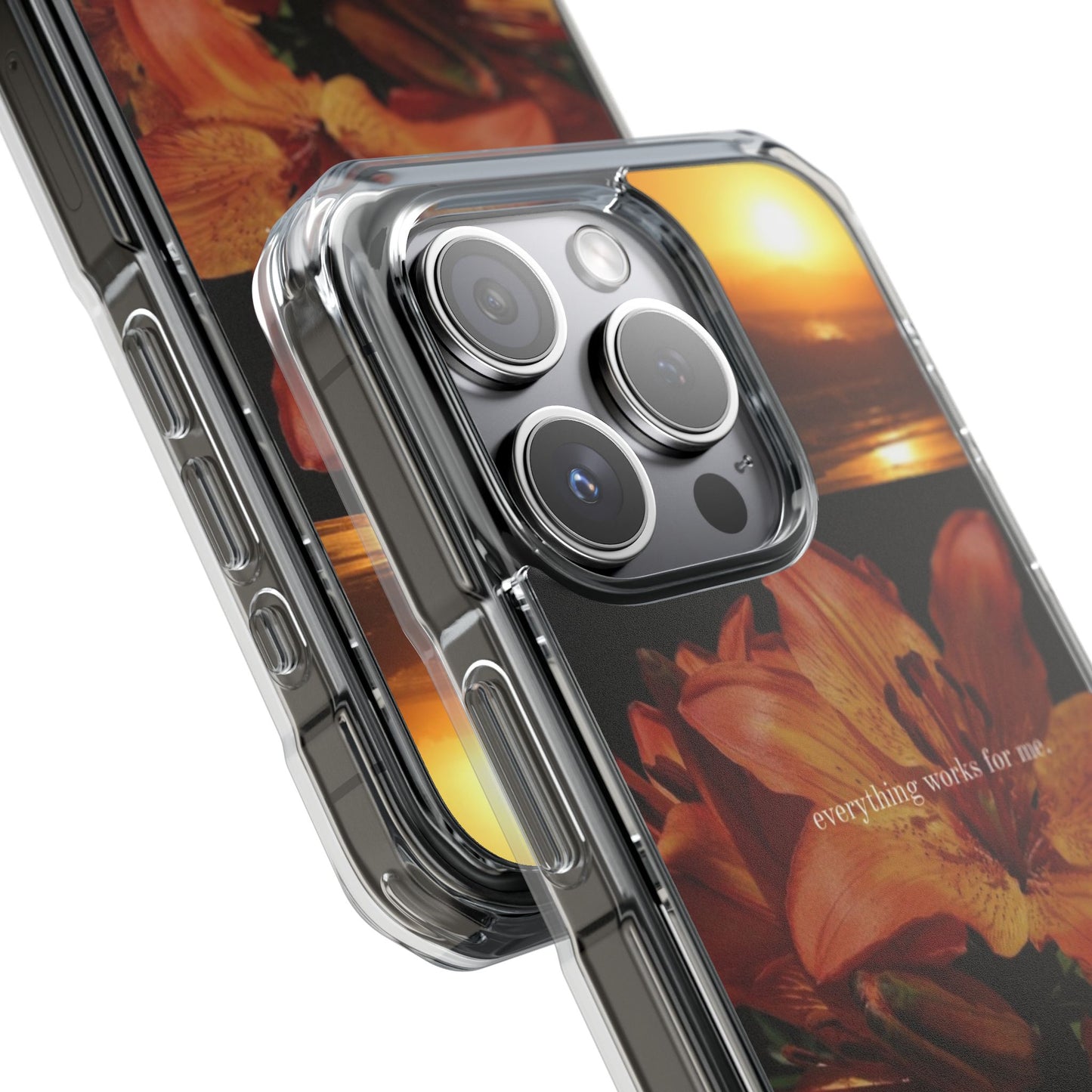 Clear Magnetic Phone Case — Sunset Lily Design ("anything waits for you")