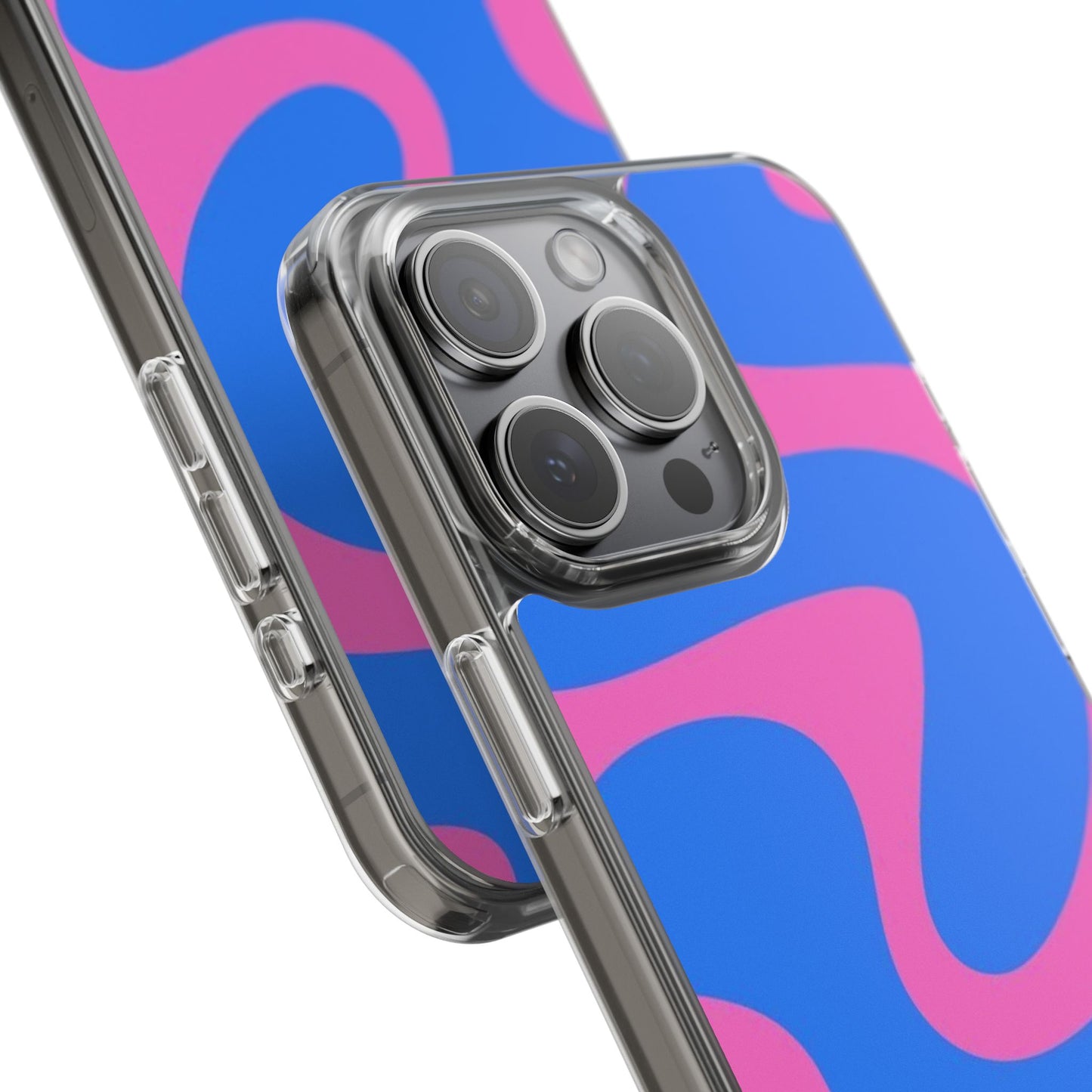 Clear Impact-Resistant Phone Case — Retro Blue & Pink Abstract Swirl
