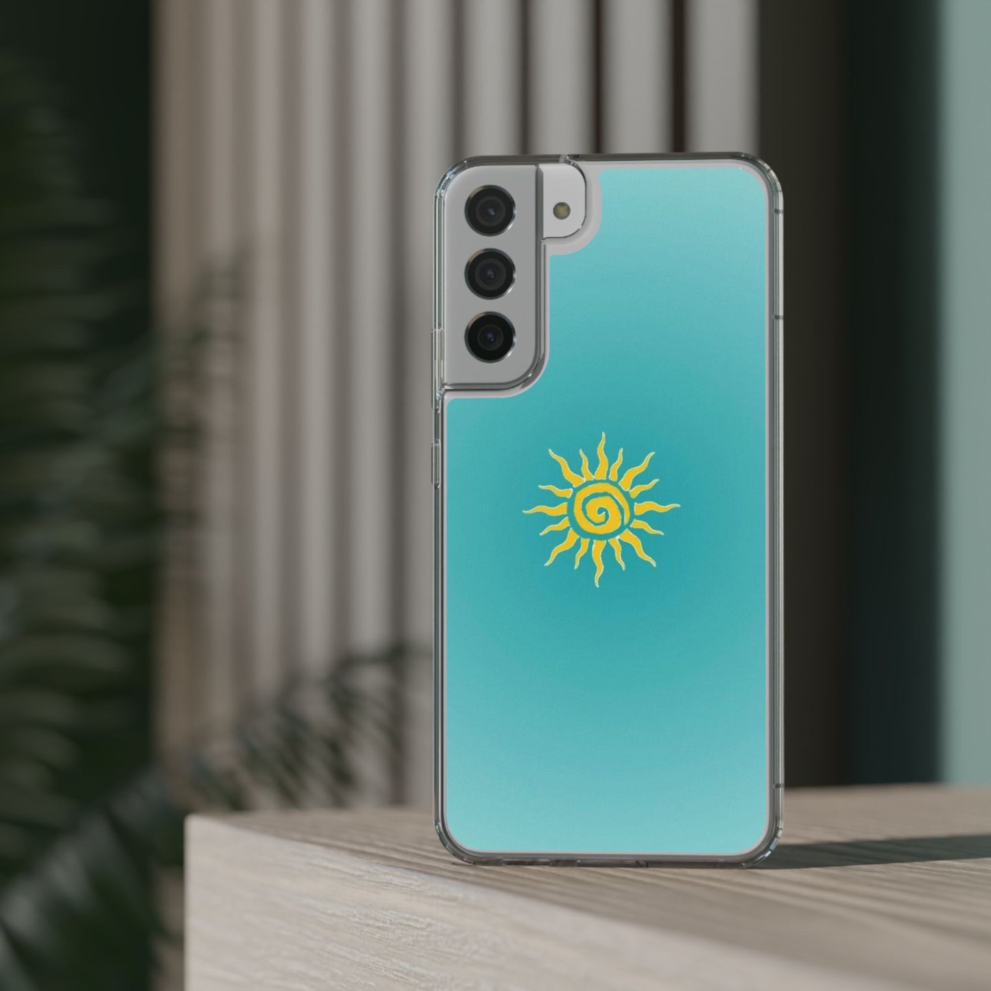 Clear Impact-Resistant Phone Case — Yellow Sun on Teal Gradient