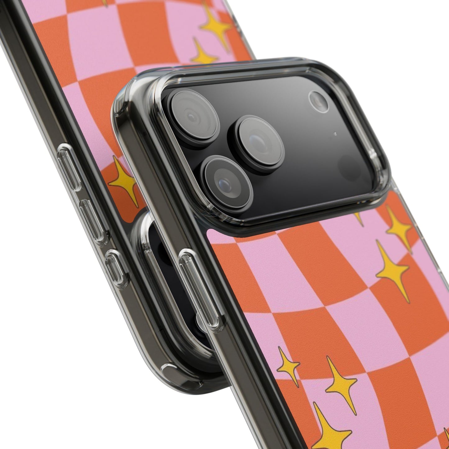 Clear Impact-Resistant Case — Retro Pink & Orange Checker with Sparkle Stars