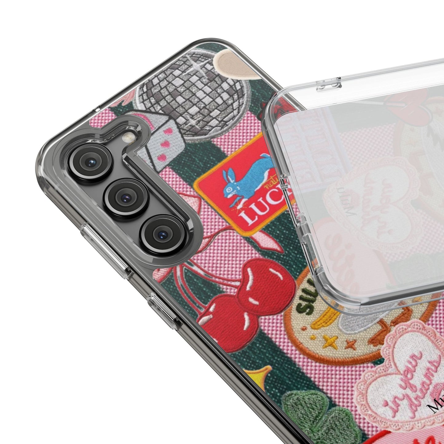 Clear Impact-Resistant Phone Case — Retro Patchwork Stickers (Lucky, Cherries, Silly Goose)