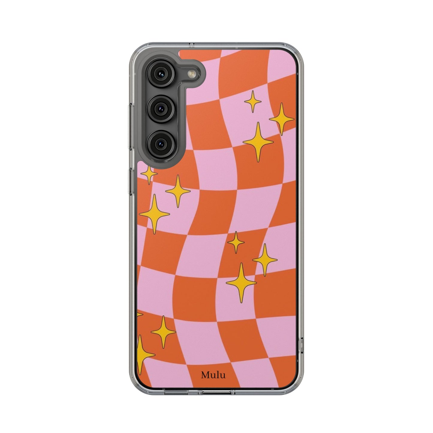 Clear Impact-Resistant Case — Retro Pink & Orange Checker with Sparkle Stars