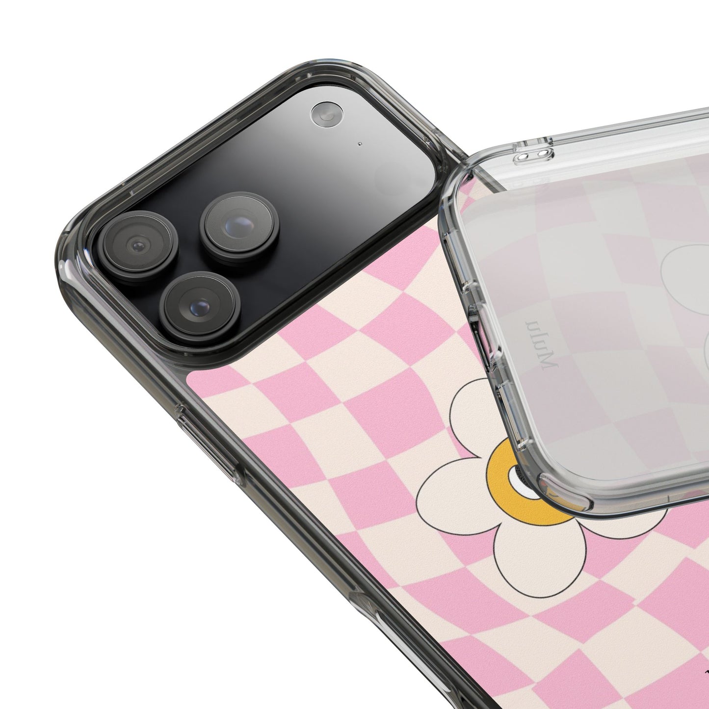 Clear Impact-Resistant Phone Case — Pink Checkerboard Daisy Design
