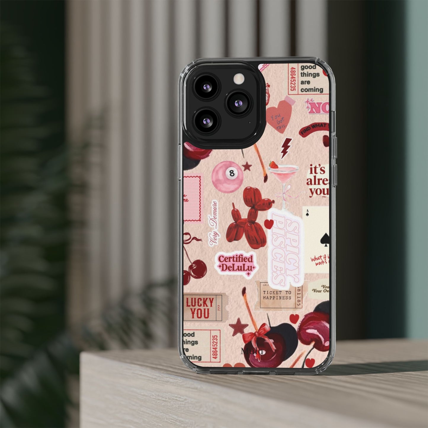 Clear Impact-Resistant Phone Case — Retro Cherry & Sticker Collage
