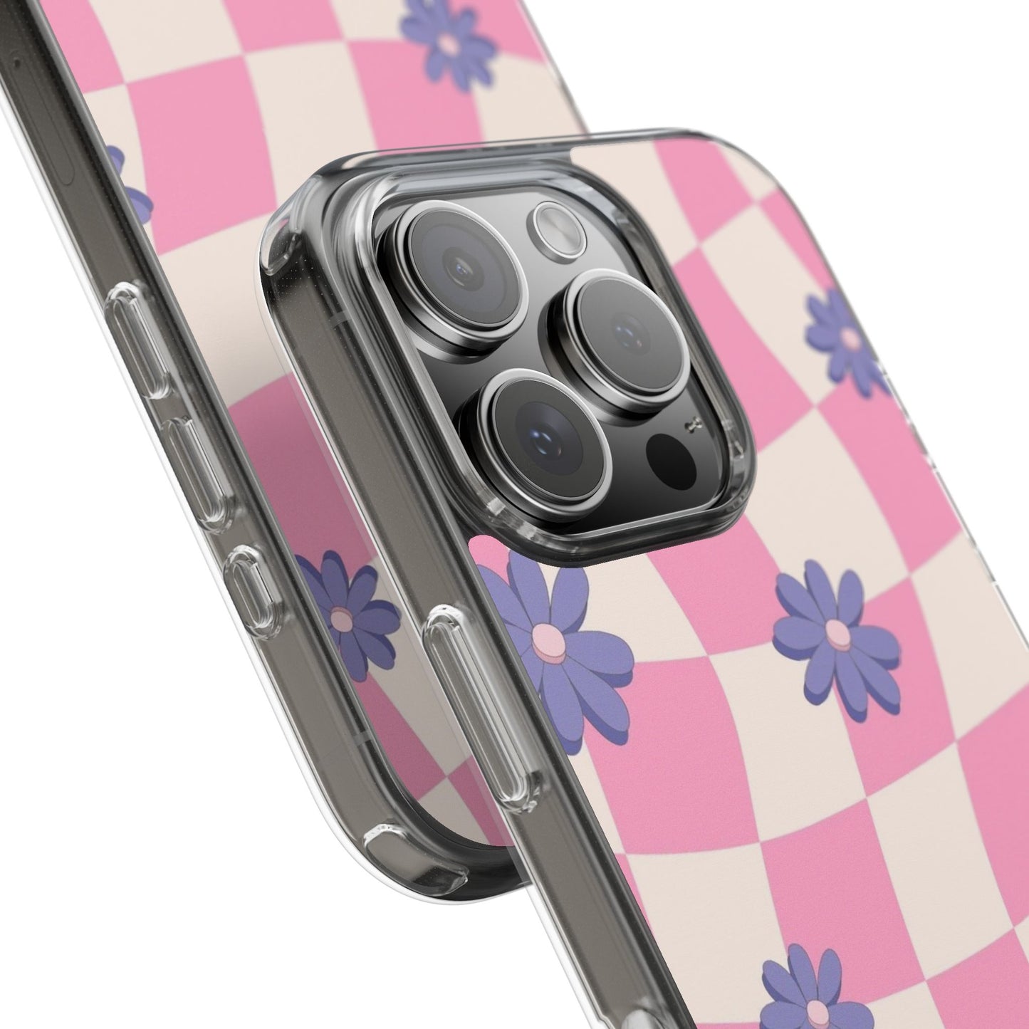 Clear Impact Phone Case — Pink Checkerboard with Purple Flowers