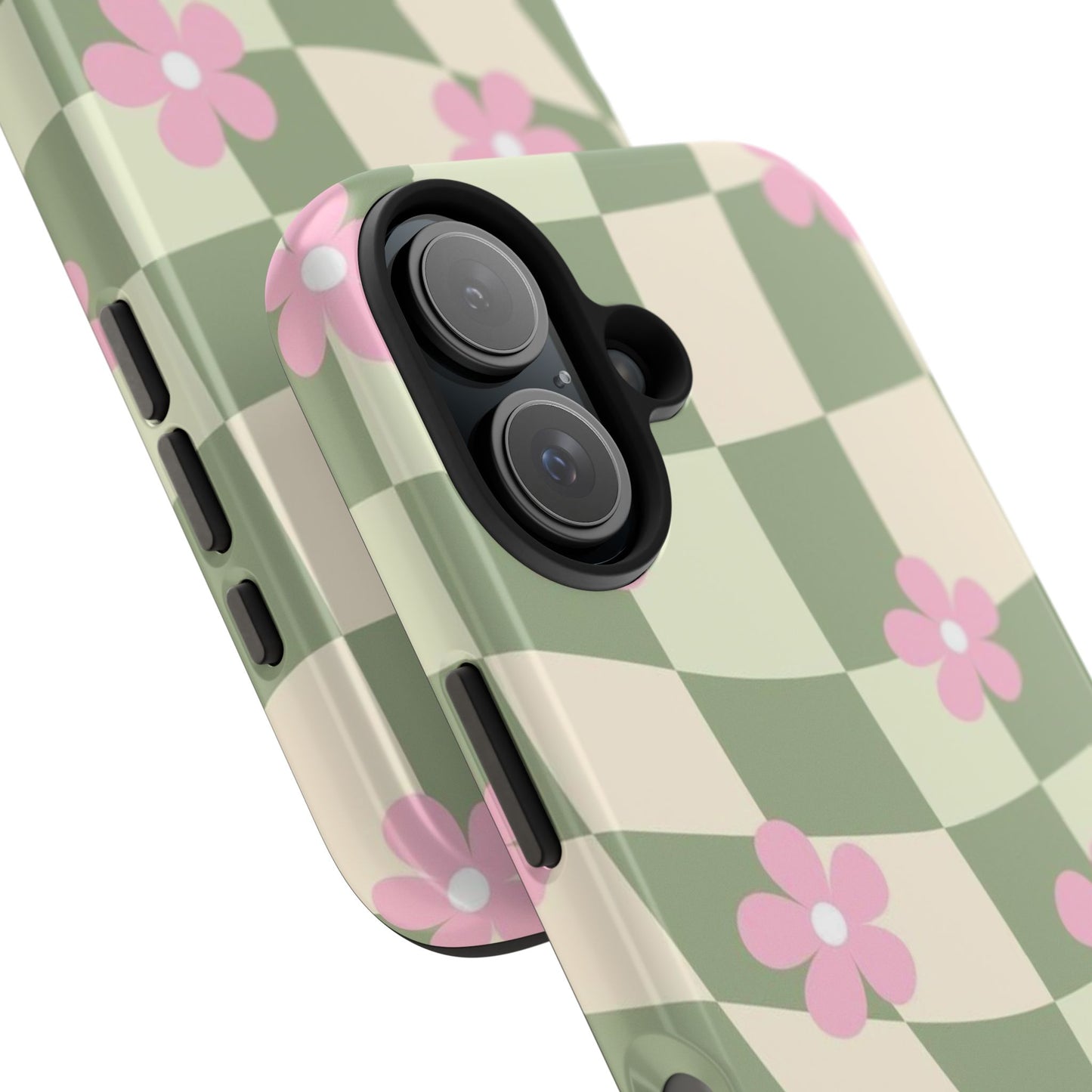 Tough Phone Case — Retro Green Checkerboard with Pink Flowers