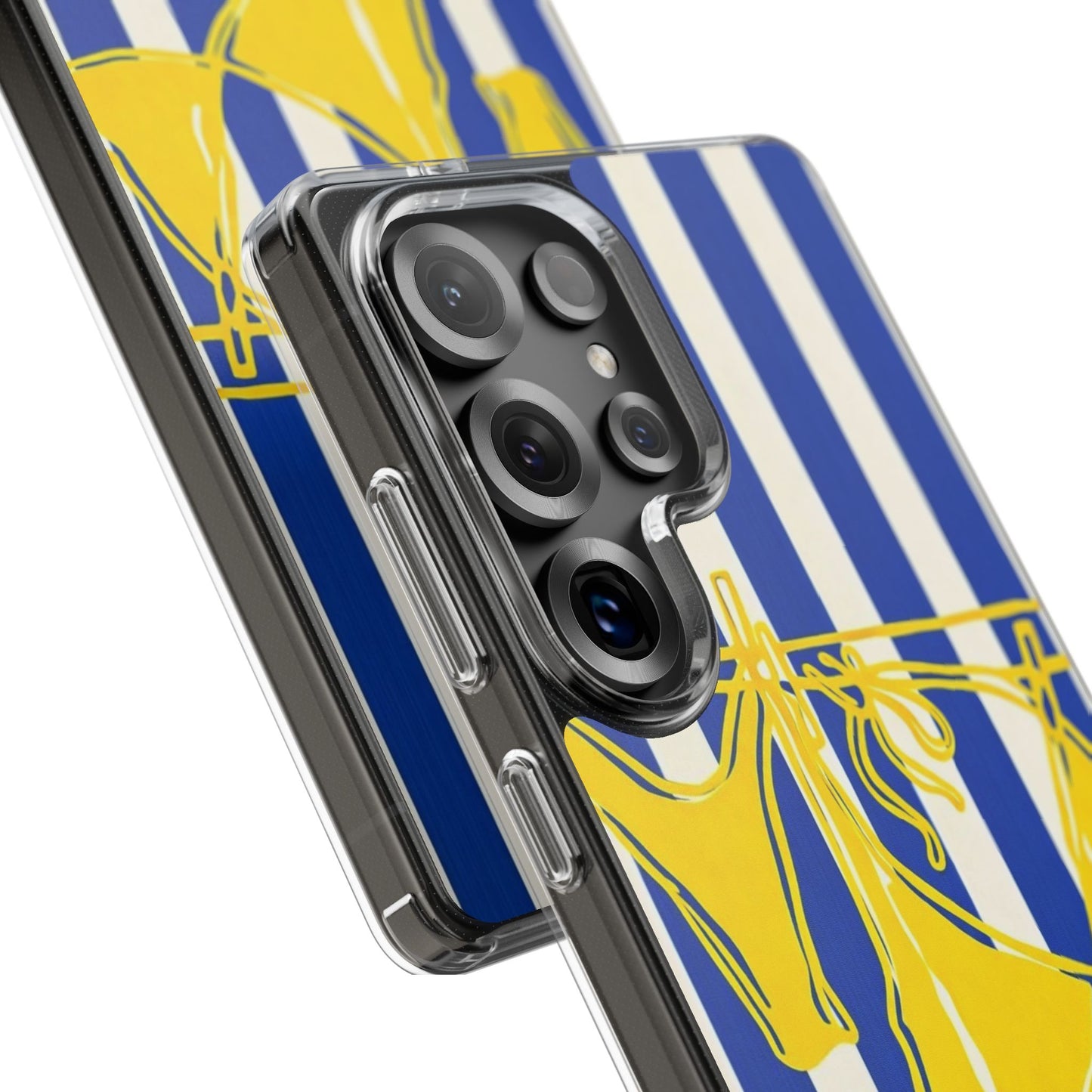 Striped Beach Bikini Phone Case — Yellow Swimwear on Blue & White Stripes, Clear Impact-Resistant