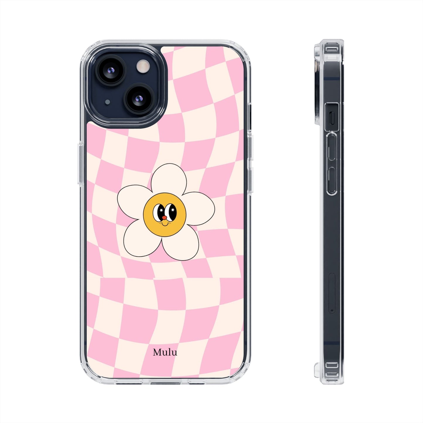 Clear Impact-Resistant Phone Case — Pink Checkerboard Daisy Design