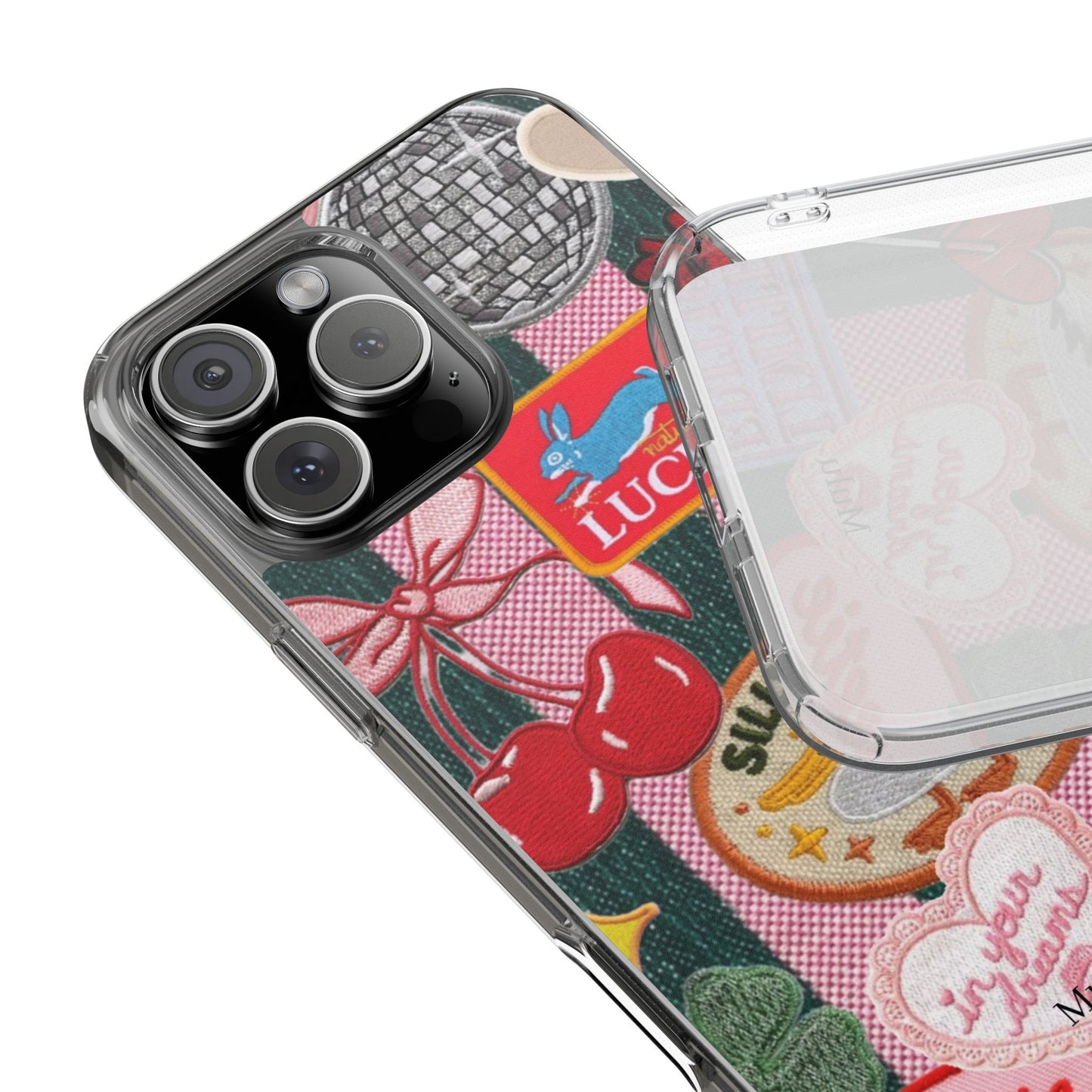 Clear Impact-Resistant Phone Case — Retro Patchwork Stickers (Lucky, Cherries, Silly Goose)