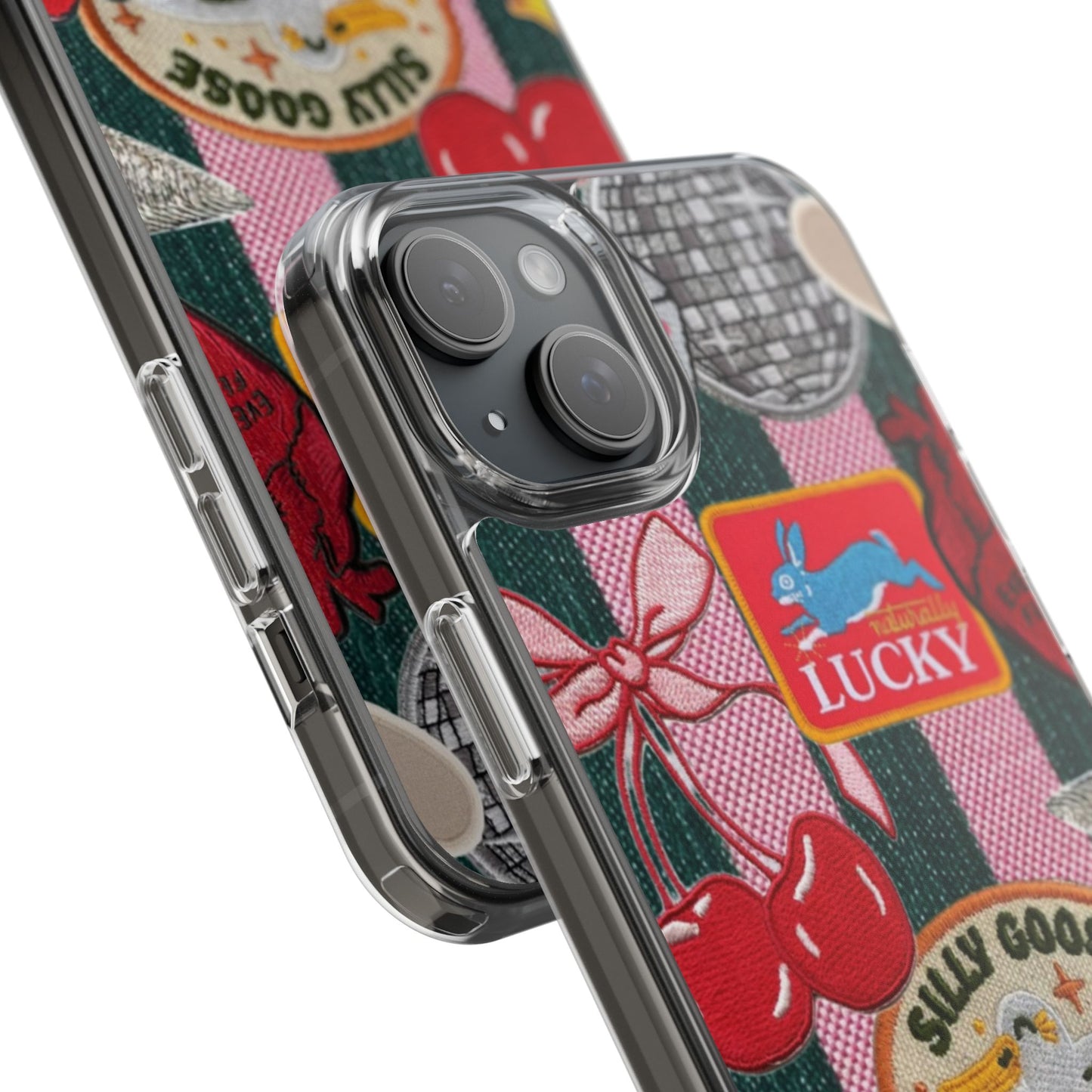 Clear Impact-Resistant Phone Case — Retro Patchwork Stickers (Lucky, Cherries, Silly Goose)