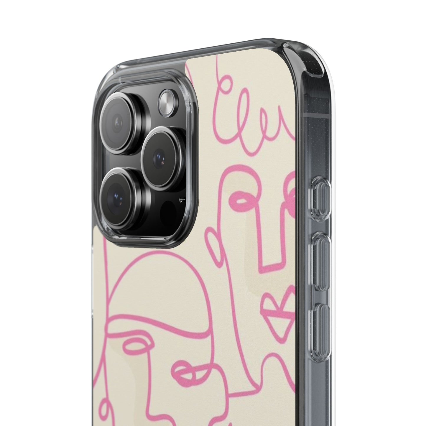 Clear Impact-Resistant Phone Case — Pink Minimalist Line Faces Design