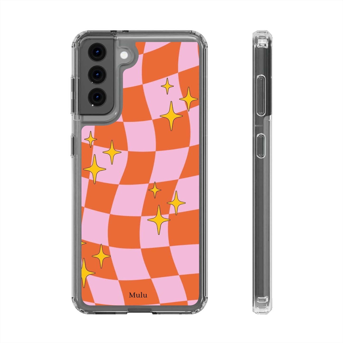 Clear Impact-Resistant Case — Retro Pink & Orange Checker with Sparkle Stars