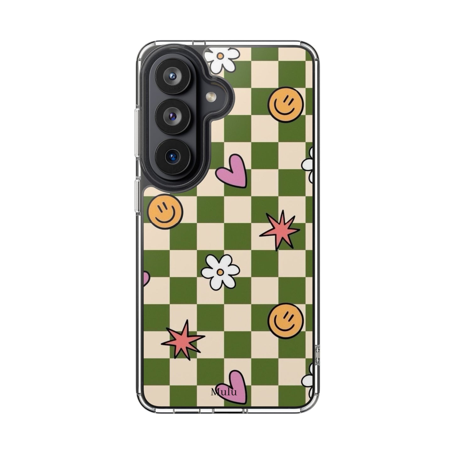 Clear Impact-Resistant Case — Retro Green Checkerboard with Smiley, Hearts & Flowers