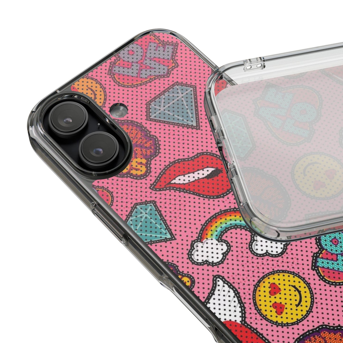 Clear Impact-Resistant Phone Case — Pink Pop Sticker Pattern (Hearts, Rainbows, Smileys)