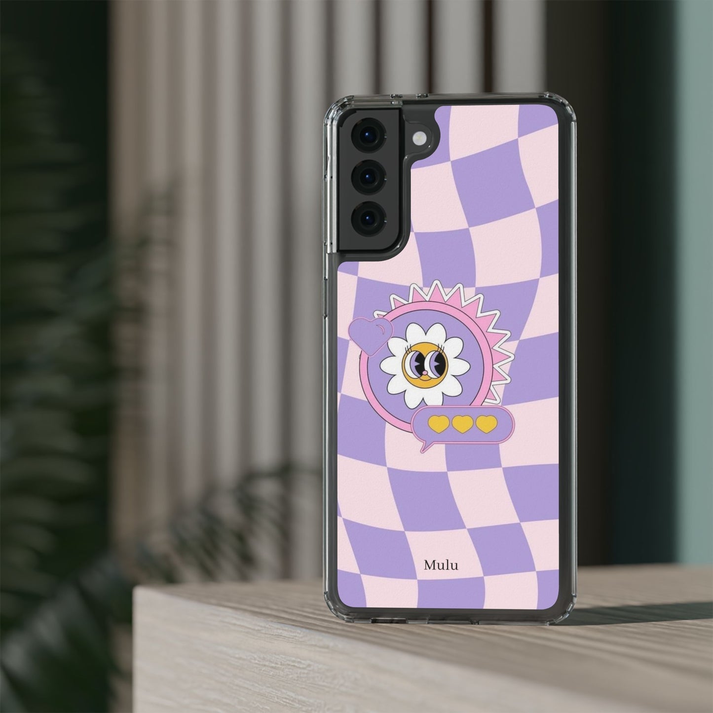 Clear Impact-Resistant Case — Cute Purple Checkerboard Dino with 'Mulu'