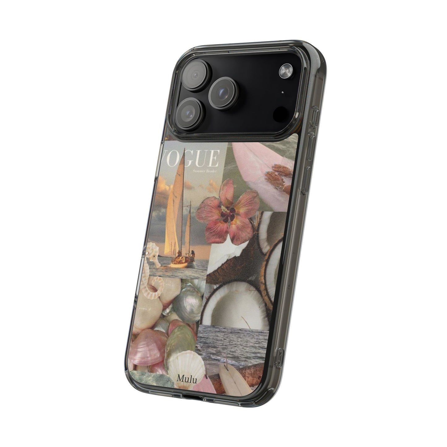 Clear Phone Case — Coastal Collage Shells & Surf Design