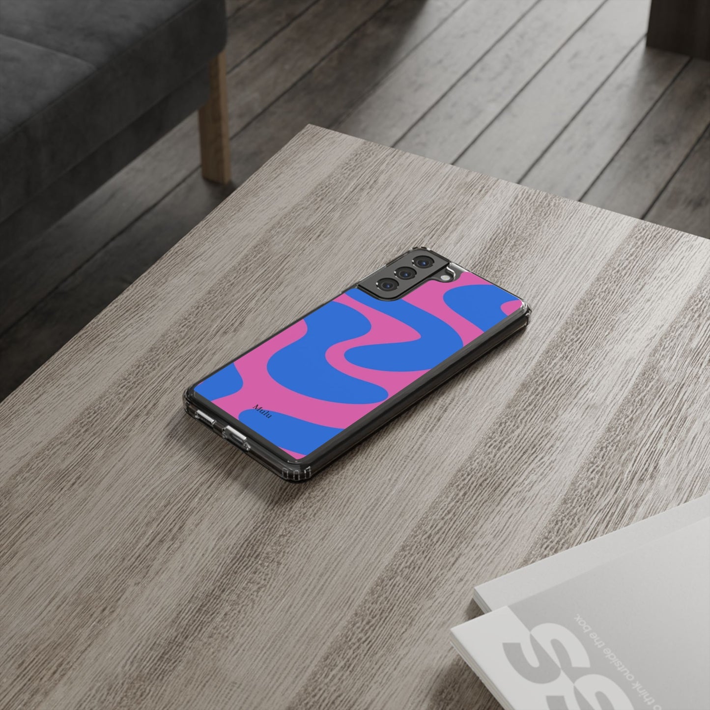 Clear Impact-Resistant Phone Case — Retro Blue & Pink Abstract Swirl